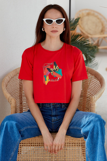 Sementa Oversize Printed Crop T-Shirt - Coral