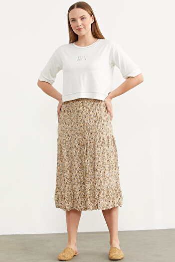 Sementa Elastic Front Buttoned Patterned Skirt - Brown