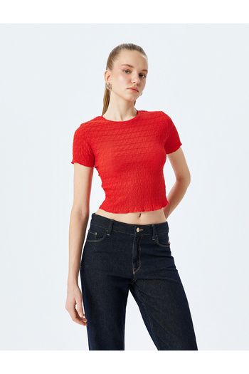 Koton Crew Neck Crop T-Shirt - Crew Neck Textured