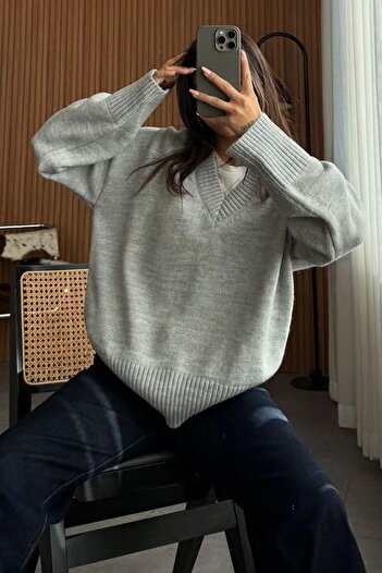 Madmext MG2149 Model - Gray Oversize Knitwear Women's Sweater, V-Neck