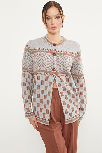 Sementa Stand Collar Patterned Buttoned Knitwear Cardigan - Light Gray