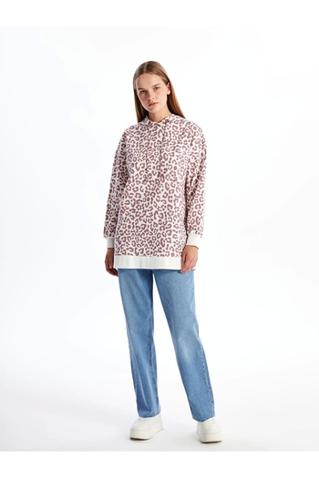 LC Waikiki Lcw Modest Plum Hooded Leopard Print Women's Sweatshirt Tunic
