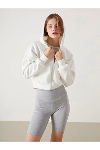 LC Waikiki Λευκό Oversize Crop Γυναικείο Φούτερ - Χοντρό φερμουάρ και κουκούλα