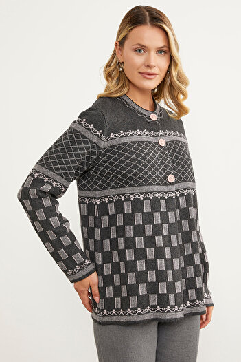 Sementa Stand Collar Patterned Buttoned Knitwear Cardigan - Anthracite