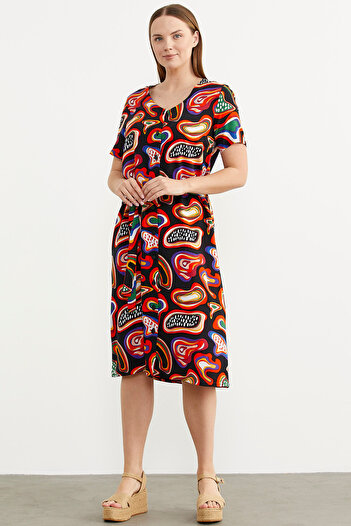 Sementa Front Buttoned Patterned Viscose Dress - Black