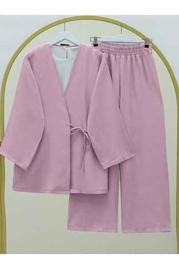 Modamorfo Wide Leg Double Linen Set with Lace-Up on the Top and Side - Dried