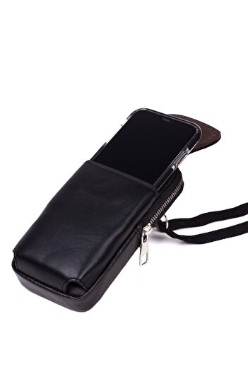 Newish Erkek Hakiki Deri Telefon Bölmeli, Omuz Askılı Çanta Ve Kemerlik Mıknatıslı Kapak . Siyah Renk