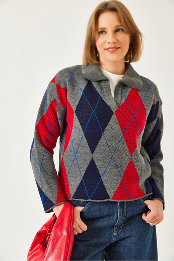 Bianco Lucci Women's Polo Neck Patterned Knitwear Sweater 20247580