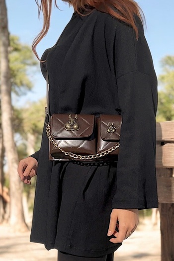 Katusa Women's Brown Quilted Squirrel Accessory Detailed Design Baguette Bag