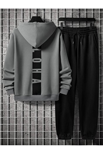 Charme Elegant Unisex Sırt Aloha Basklı 3 iplik Kapüşonlu Eşofman Takımı