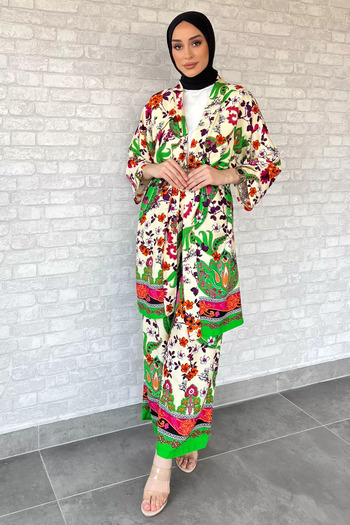 julude Stone Patterned Hijab Viscose Kimono Double Set