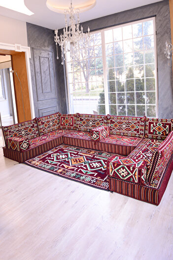 BAKIRÖZÜ HOME Şark Köşesi Takımı Bordo  Anadolu Modeli 15 Parça (20 CM MİNDER KALINLIĞI)