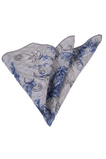 Exve Exclusive Blue Shawl Patterned Linen Woven Pocket Collar Handkerchief on Beige