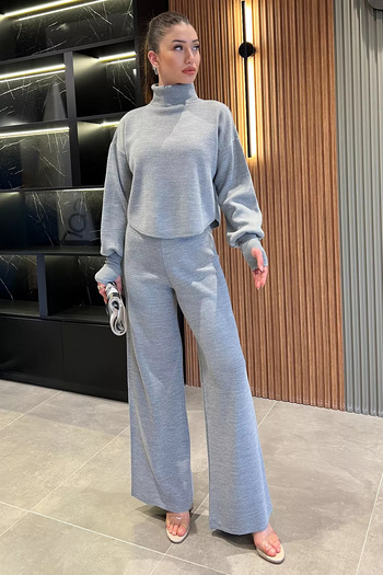 GÜLSELİ Gray Women's Finger Snap High Waist Knitwear Set