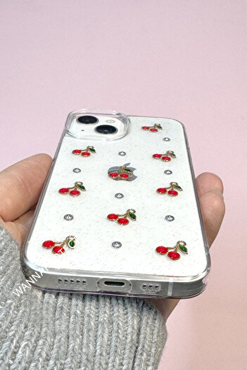WANNA PROTECT iPhone 15 Uyumlu Kiraz Desenli Şeffaf Kapak Simli Darbeye Karşı Dayanıklı Telefon Kılıfı