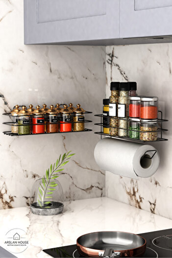 ARSLAN HOUSE 2-Piece Black Spice Rack and Roll Towel Rack Adhesive Kitchen Stand