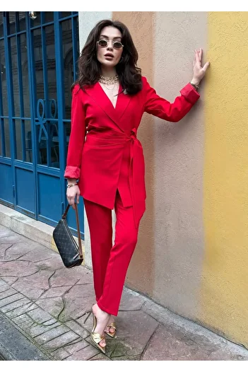 pembekurdelem Red Women's Jacket and Trousers Set - Tie-Up
