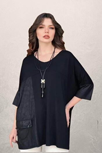 Zer Otantik V-Neck 3/4 Sleeve Chain Pocket Detail Plus Size Blouse Black