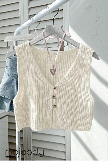 Moibody 4 Seasons Versatile Solid Color V-Neck Sleeveless Knitwear Top Cardigan