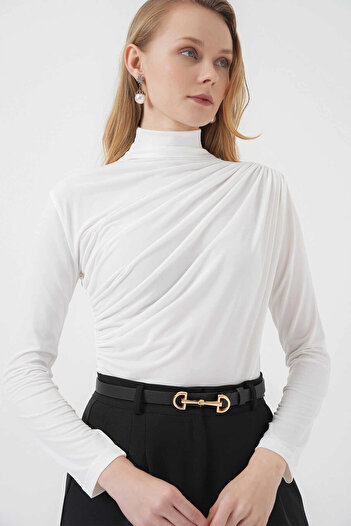 hazelin White Turtleneck Drawstring Detail Sandy Women's Blouse - Hzl25W-Bd19251