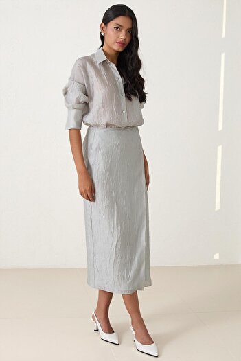 Setre Water Green Tie Detailed Midi Length Patterned Skirt
