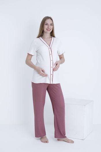 Miss Dünya Lissa Front Button V Neck Stripe Detailed Adjustable Waist Elastic Woven Pajamas Set