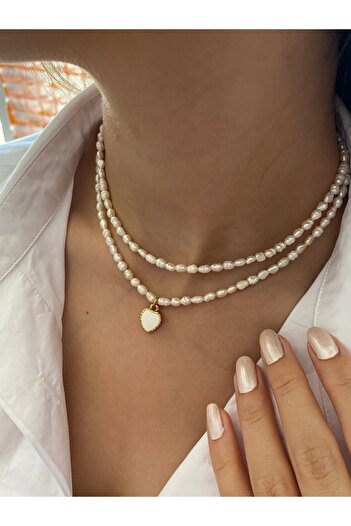 By Saadet Özkanlı Kadın Kalpli Gerçek Kum Arpa Küçük Inci Kolye Mine Işlemeli Kalpli Inci Choker