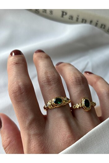 ringbox 2'li Zümrüt Taşlı Vintage Yüzük Seti