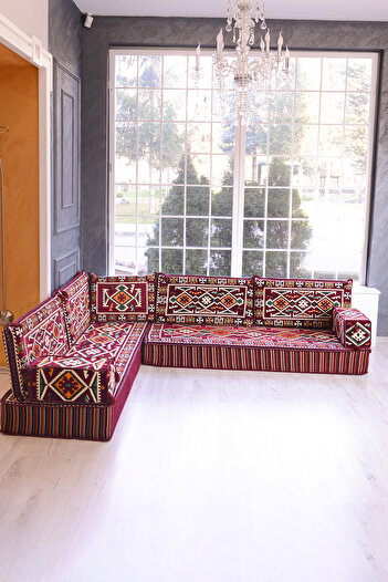 BAKIRÖZÜ HOME Şark Köşesi Takımı Bordo  Anadolu Modeli 9 Parça (20 CM MİNDER KALINLIĞI)