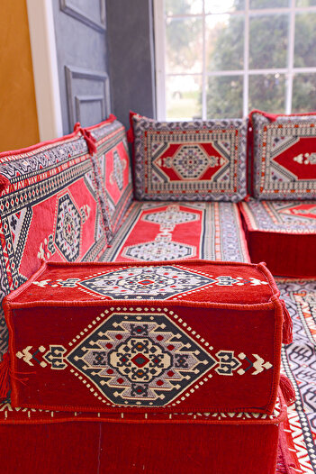 BAKIRÖZÜ HOME Şark Köşesi Takımı Kırmızı Yahyalı  Modeli 9 Parça (20 CM MİNDER KALINLIĞI)