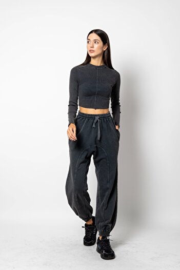 Bak Moda Yıkamalı Dikiş Detaylı Füme Eşofman Crop Takım