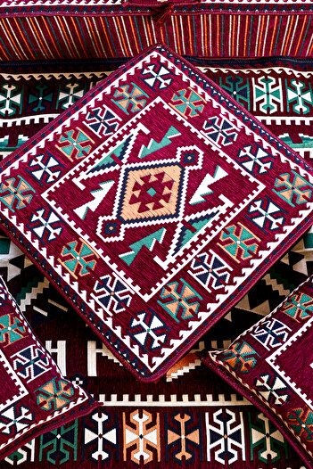 BAKIRÖZÜ HOME Şark Köşesi Takımı Konsepti Bordo  Anadolu Modeli 9 Parça (20 CM MİNDER KALINLIĞI)