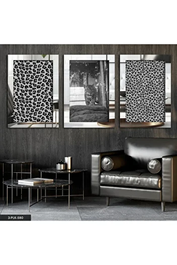 Evinemoda Leopard Pattern Silver 3 Piece Plexiglass Mirrored Table