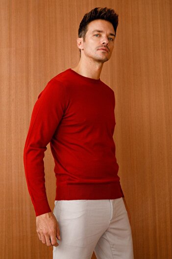 Desen Triko Men's Basic Crew Neck Fine Knitwear Sweater Red