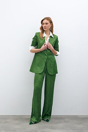Sateen Desenli Saten Pantolon - Yeşil