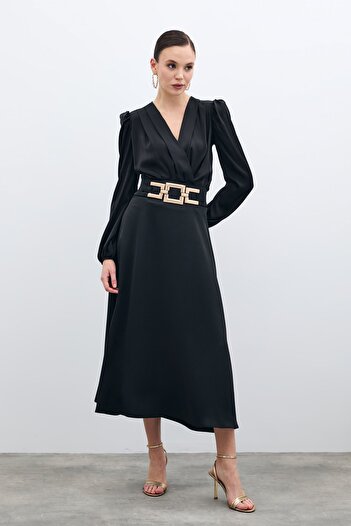 Sateen Satin Crepe Skirt - Waist Accessory, Black