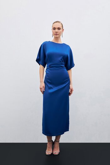 Sateen Navy Blue Detailed Fog Satin Dress