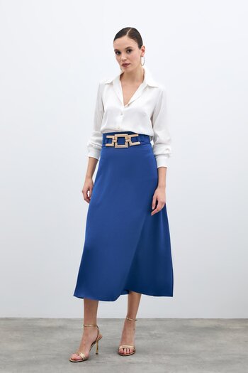 Sateen Satin Crepe Skirt with Waist Accessories - Sax Blue