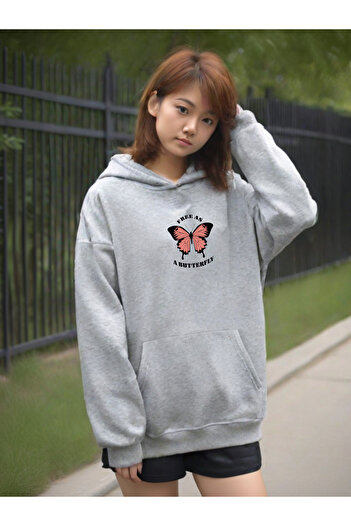 DEEPSENCE Unisex Gray Butterfly Hooded Oversize Sweatshirt