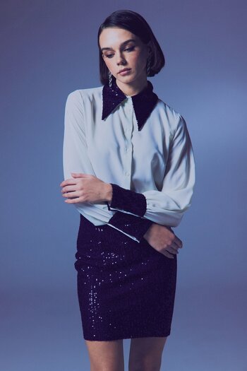 Sateen Ecru-Navy Blue Sequin Detailed Shirt