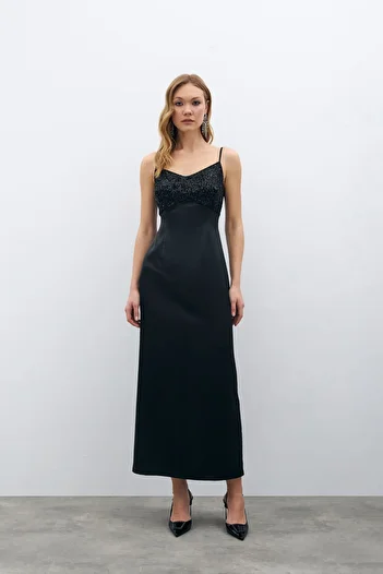 Sateen Black Satin Dress - Sequin Detail