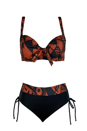 Endeep Women's Large Size Underwire Padded Brown Patterned Bikini Set