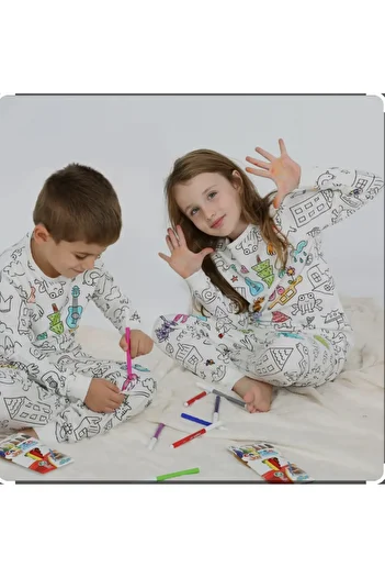 HNKİDS Unisex Children's Pajamas Set - Paintable, Gift Pencil (Swivel to Old Post Wash)