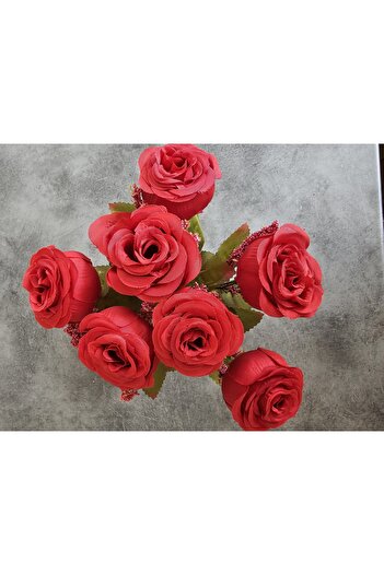 YAPAY ÇİÇEK DERYASI 7 Head Red Rose Bouquet with Artificial Cipso Arrangement Flower Pot Vase Decor Ornament