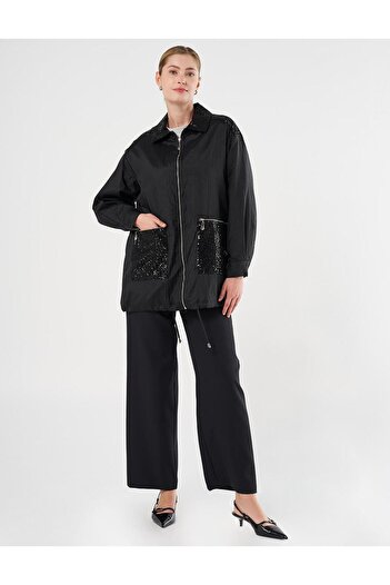 Kayra Sequin Embroidered Wide Pocket Jacket Black