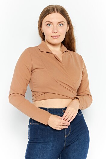 FEMME LUXE Women Notch Collar Long Sleeve Textured Blazer Cropped Top, Tan