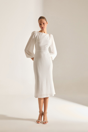 BETTY & SAM Nicole Sparkly Sequin White Balloon Sleeve Midi Dress