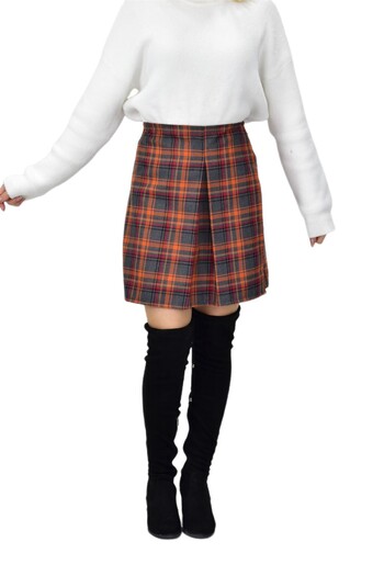 BAGLAN Orange Smoked Plaid Women's Shorts Skirt - Mnso-38