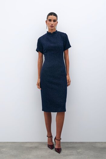 Sateen Stand Collar Tweed Dress - Navy Blue