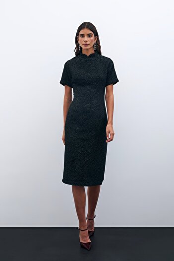Sateen Rochie din tweed cu guler stand - neagră